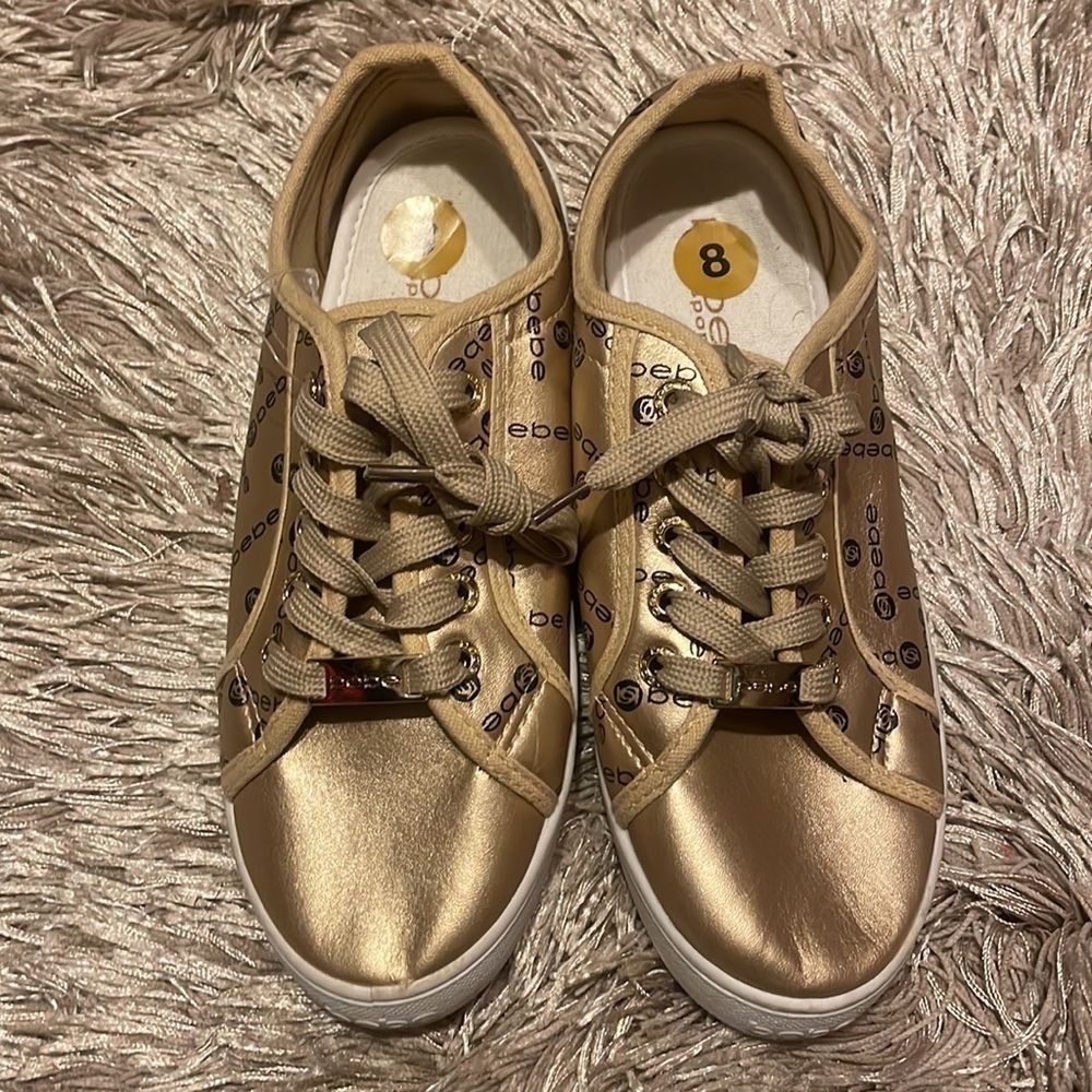 BEBE Gold Low Top Fashion Sneakers sz 8 - Picture 2 of 8